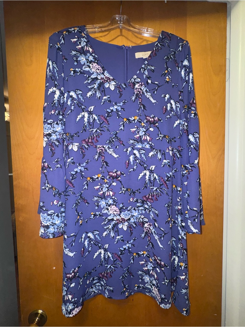 LOFT Purple Floral V-Neck Long-Sleeve A-Line Dress